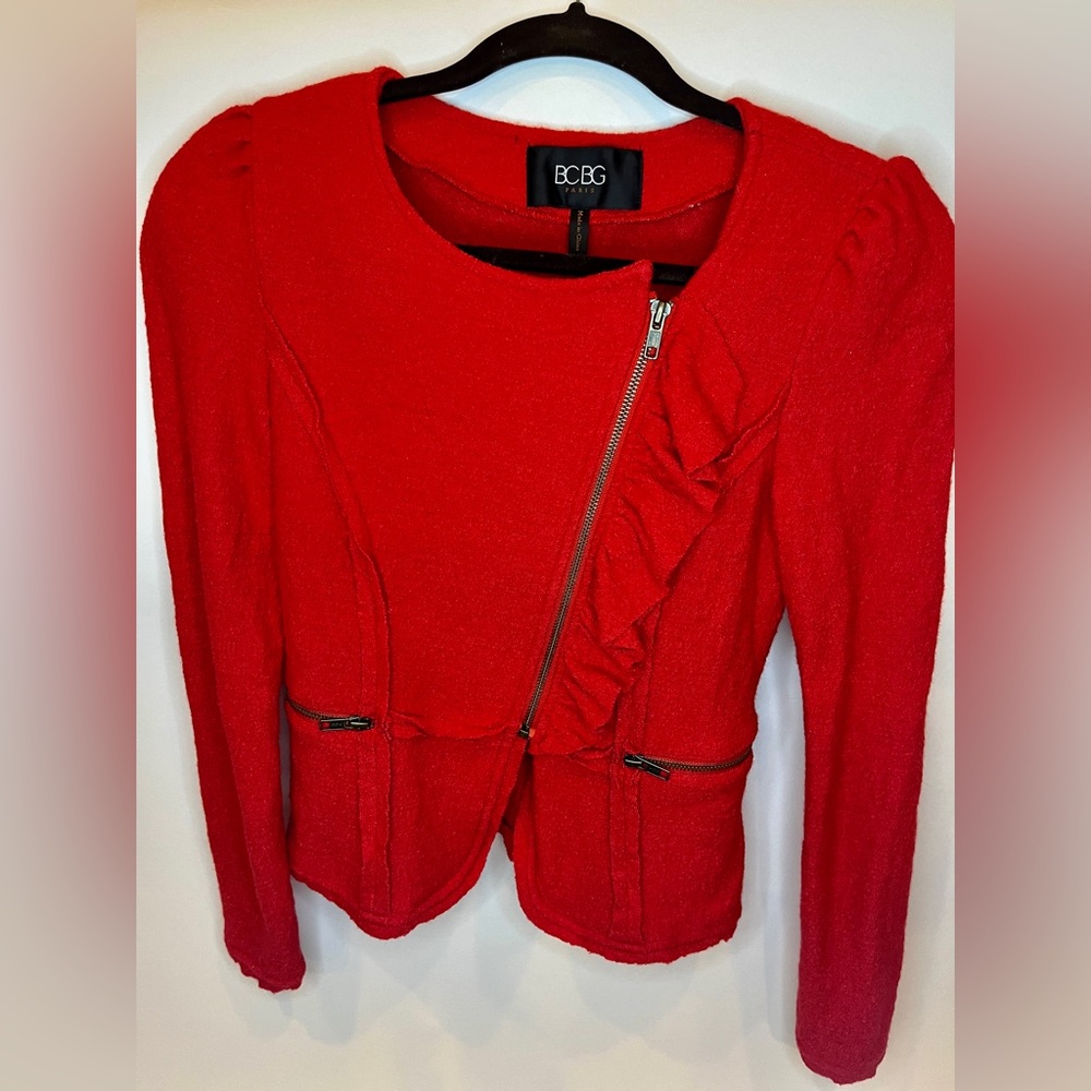 BCBG Paris Red Moto Jacket. Ruffle with asymmetrical Zipper & two zipper pockets